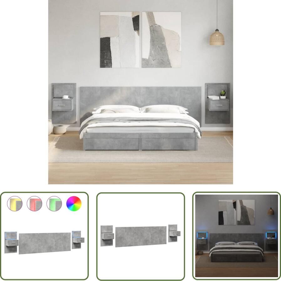 The Living Store Bewerkt houten Hoofdbord met LED-verlichting 240 x 1.5 x 80 cm Betongrijs Hoofd Bord Hoofdkussen Slaapkamer Meubels Beton Grijs Bewerkt Hout