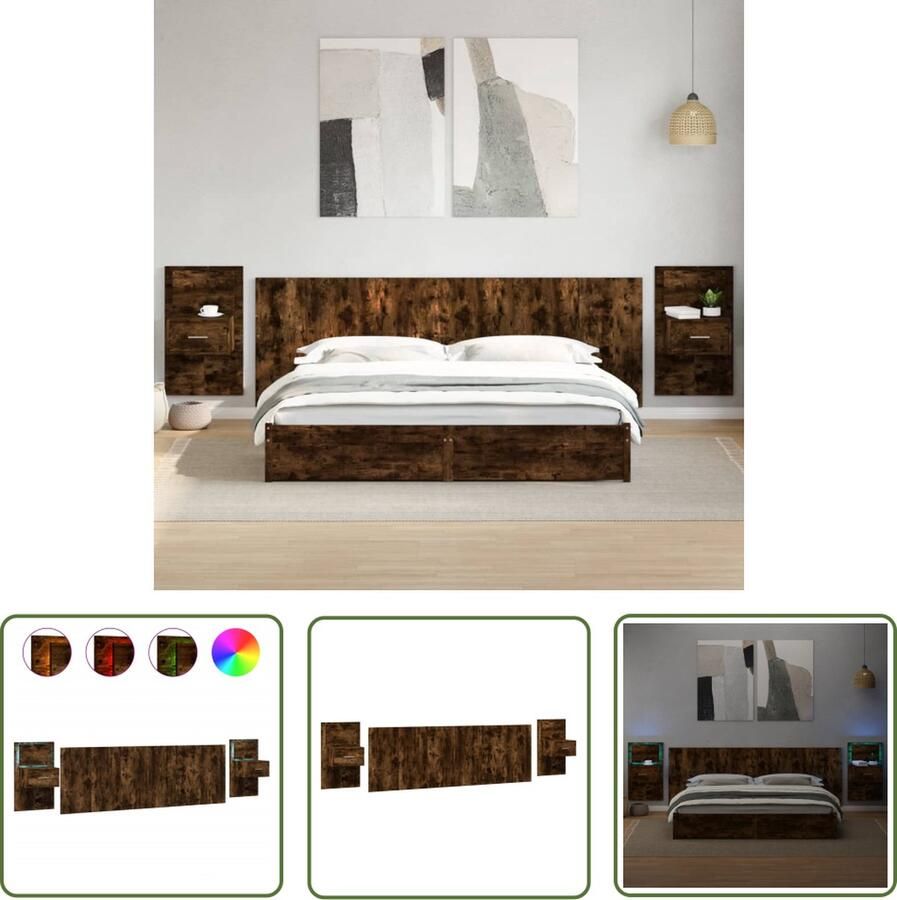 The Living Store Hoofdbord met kastjes 240 cm bewerkt hout gerookt eikenkleurig Hoofd Bord Nachtkast Hoofdkussen Slaapkamer Meubels Houten Meubilair