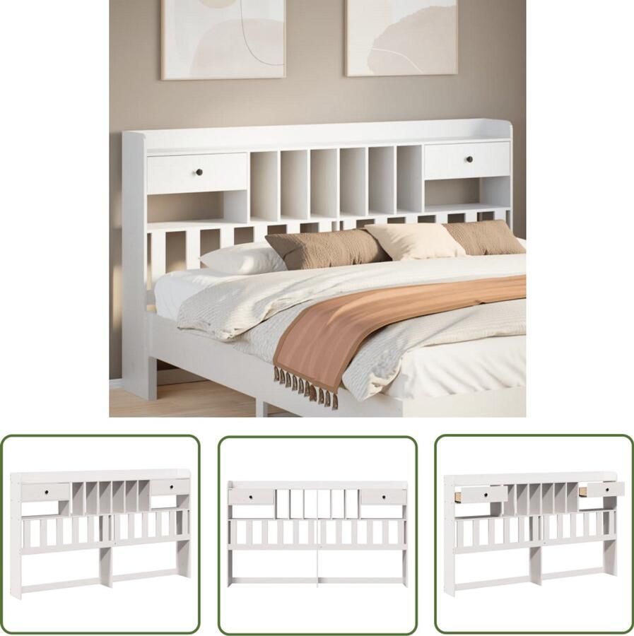 The Living Store Hoofdbord met opbergruimte 180 cm massief grenenhout wit Hoofdbord Houten Hoofdbord Hoofdbekleding Opbergruimte Slaapkamervloer