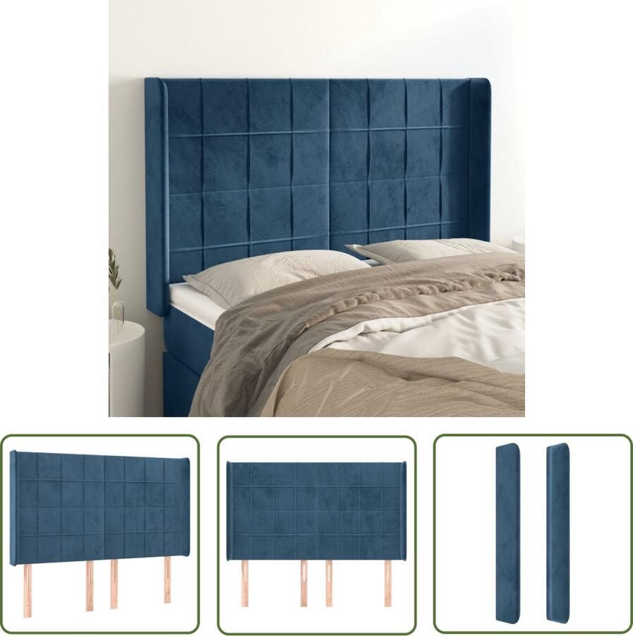 The Living Store Hoofdbord met randen 147x16x118 128 cm fluweel donkerblauw Hoofd Bord Hoofdkussen Velvet Blauw Beddecoratie