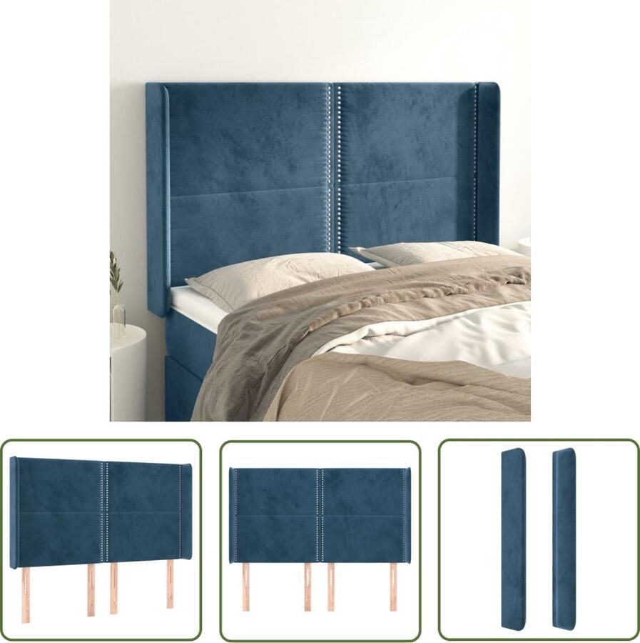 The Living Store Hoofdbord met randen 147x16x118 128 cm fluweel donkerblauw Hoofd Bord Hoofdkussen Beddecoratie Donkere Kleuren Velvet Meubilair