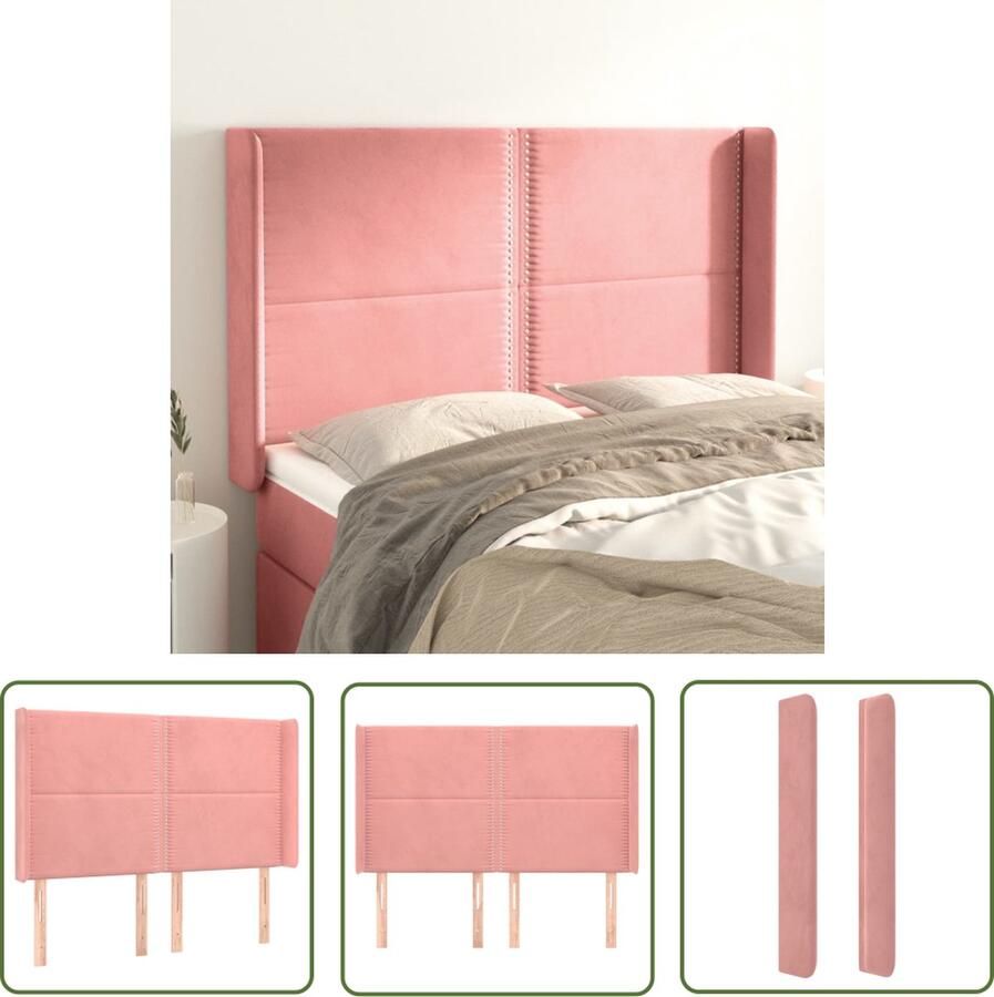 The Living Store Hoofdbord met randen 147x16x118 128 cm fluweel roze Hoofd Bord Hoofdkussen Beddecoratie Velvet Roze Kleur