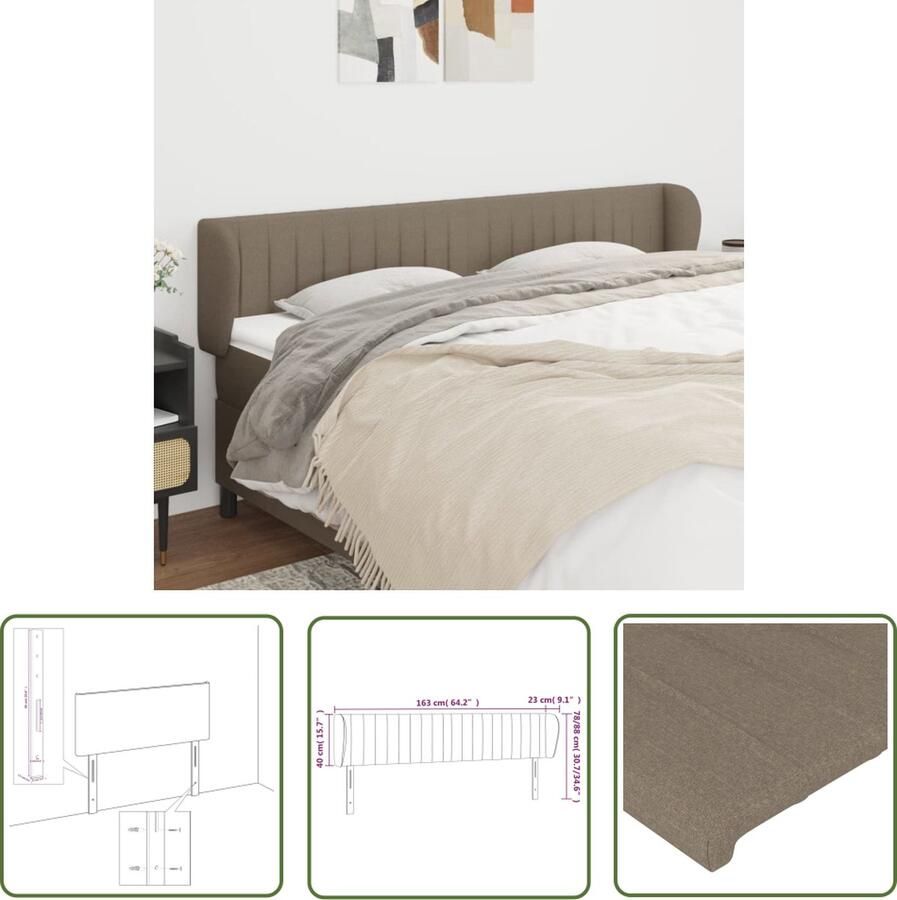 The Living Store Hoofdbord met randen 163x23x78 88 cm stof taupe Hoofd Bord Hoofdeinde Beddecoratie Slaapkamers Klassiek Design - Foto 2