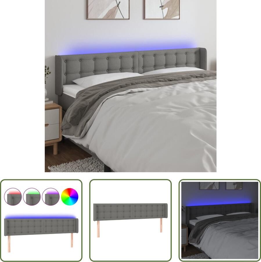 The Living Store Hoofdbord Modern Bedaccessoires 183x16x78 88 cm Duurzaam en verstelbaar Kleurrijke LED-verlichting Snijdbare LED-strip Hoofd Bord Led Verlichting Hoofdbord Grijs Bed Accessories Slaapkamers