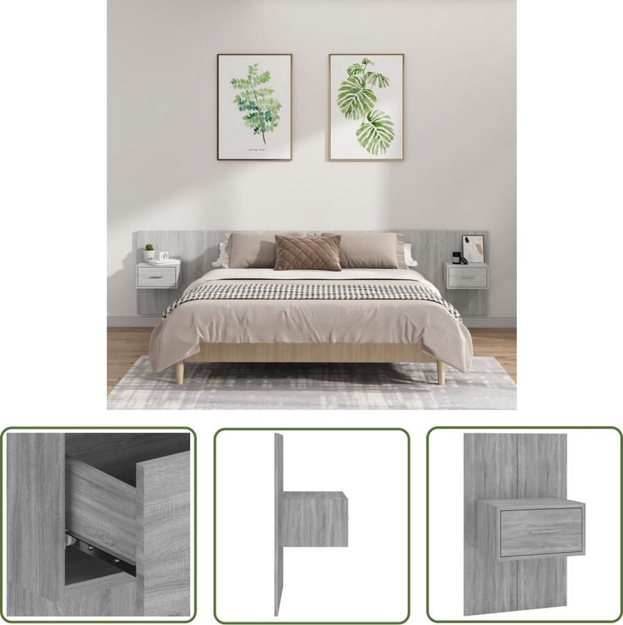 VidaXL Nachtkastjes Hoofd Bord Hoofdbord met kastjes bewerkt hout grijs sonoma eikenkleurig Hoofdbord Met Kasten Houten Hoofdbord Grijze Kamerdecoratie