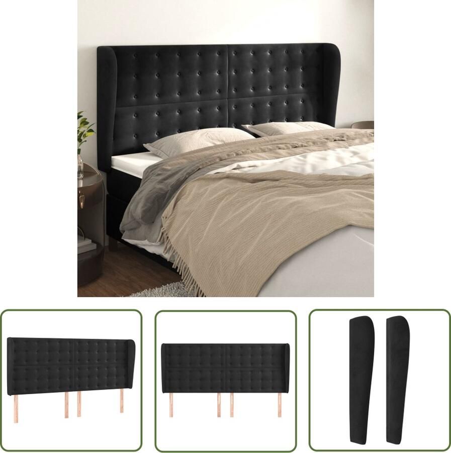 The Living Store Hoofdbord Zacht fluweel Stevige poten Verstelbare hoogte Comfortabele ondersteuning Zwart 163 x 23 x 118 128 cm