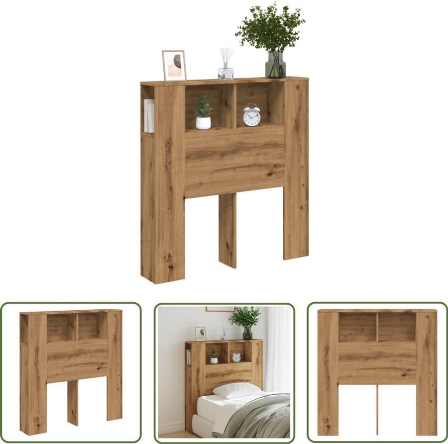 The Living Store Hoofdbordkast 100x19x104 5cm bewerkt hout artisanaal eikenkleur Hoofd Bord Hoofdkast Slaapkamermeubel Houten Hoofdbord Opbergkast