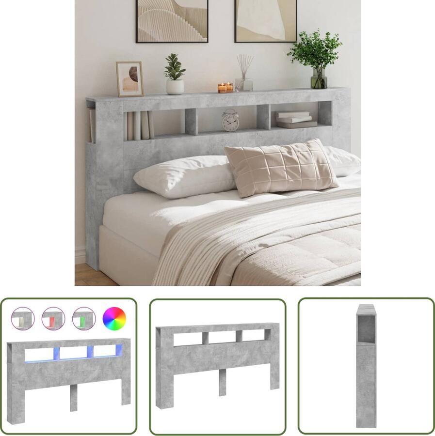 The Living Store Hoofdeinde met LED 200x18 5x103 5 cm bewerkt hout betongrijs Hoofd Bord Led Hoofdbord Rgb Beton Grijs Houten Hoofdbord Met Lampjes