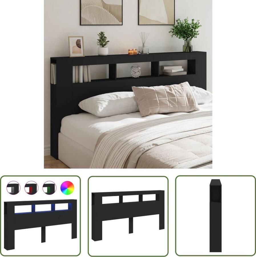 The Living Store Hoofdeinde met LED 200x18 5x103 5 cm bewerkt hout zwart LED Hoofdbord Met Led Hoofdbord Zwart Houten Hoofdbord Comfortabel Hoofdbord
