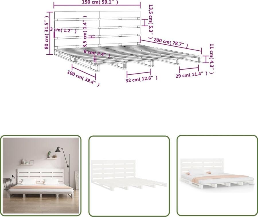 The Living Store Houten Bed Frame Wit 200 x 150 x 80 cm Massief Grenenhout Geschikt voor 150 x 200 cm Matras (5FT King Size) Houten Bed King Size Bed Frame Grenenhout Bed Wit Bed - Foto 2