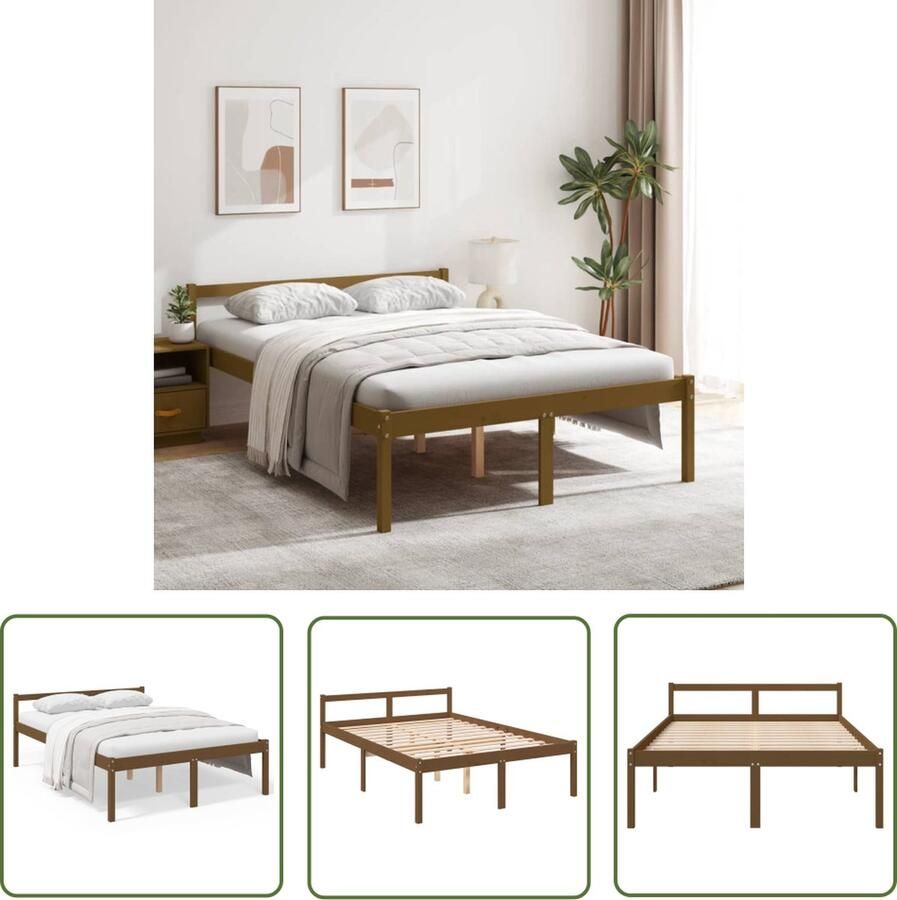The Living Store Bedframe massief grenenhout honingbruin 140x190 cm Bedframe Bedframes Bed Bedbodem Ledikant Bed Frame Massief Houten Bedframe Slaapmeubel Tweepersoonsbed Bedden Bedbodems - Foto 2