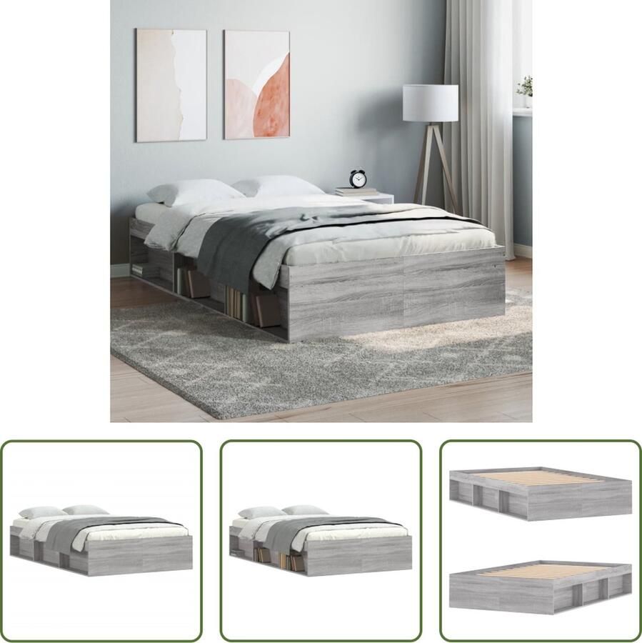 The Living Store Houten Bedframe Grijs Sonoma Eiken Logeerbed met Opbergruimte 203 x 123 x 35 cm Houten Bed Frame Grijs Bed Tweepersoons Bed Modern Bed Met Opbergvakken