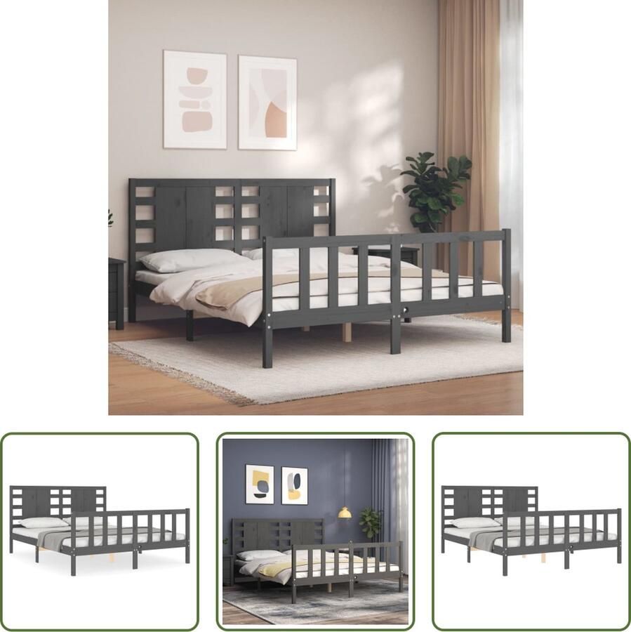 The Living Store Bedframe met hoofdbord massief hout grijs 5 FT King Size Bedframe Bedframes Bed Tweepersoonsbed Slaapkamermeubel Houten Bedframe Houten Bed Bedbodem Massief Houten Bedframe Ledikant Bedframe Met Hoofdeinde - Foto 6