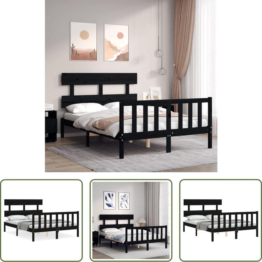 The Living Store Bedframe met hoofdbord massief hout zwart 4FT6 Double Bedframe Bedframes Bed Tweepersoonsbed Slaapkamermeubel Houten Bedframe Houten Bed Bedbodem Massief Houten Bedframe Ledikant Bedframe Met Hoofdeinde - Foto 6