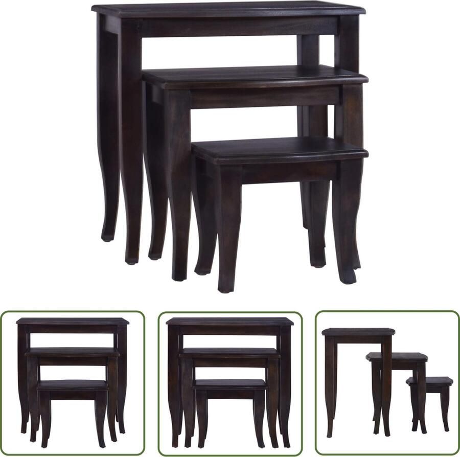 The Living Store Houten Bijzettafels Set van 3 Lichtzwart Massief Mahoniehout Bijzettafels Mahogniet Meubilair Zwarte Meubels Salontafeltje Living Accessoires