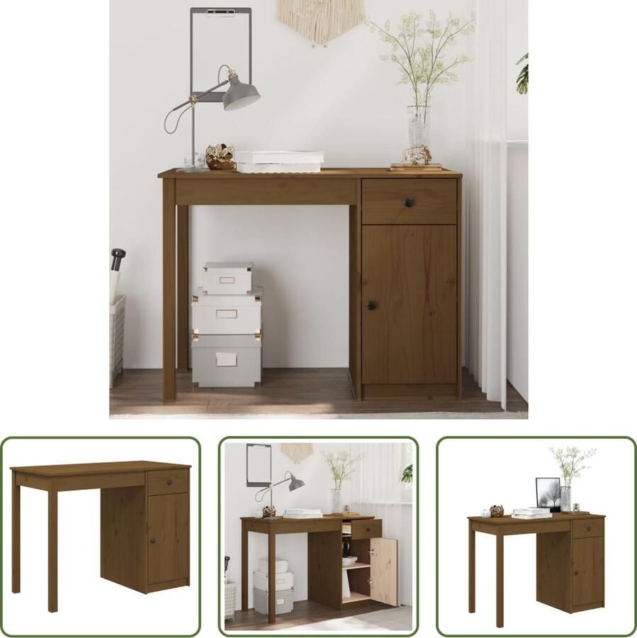 The Living Store Houten Bureau Massief Grenenhout 100 x 50 x 75 cm Honingbruin - Foto 2
