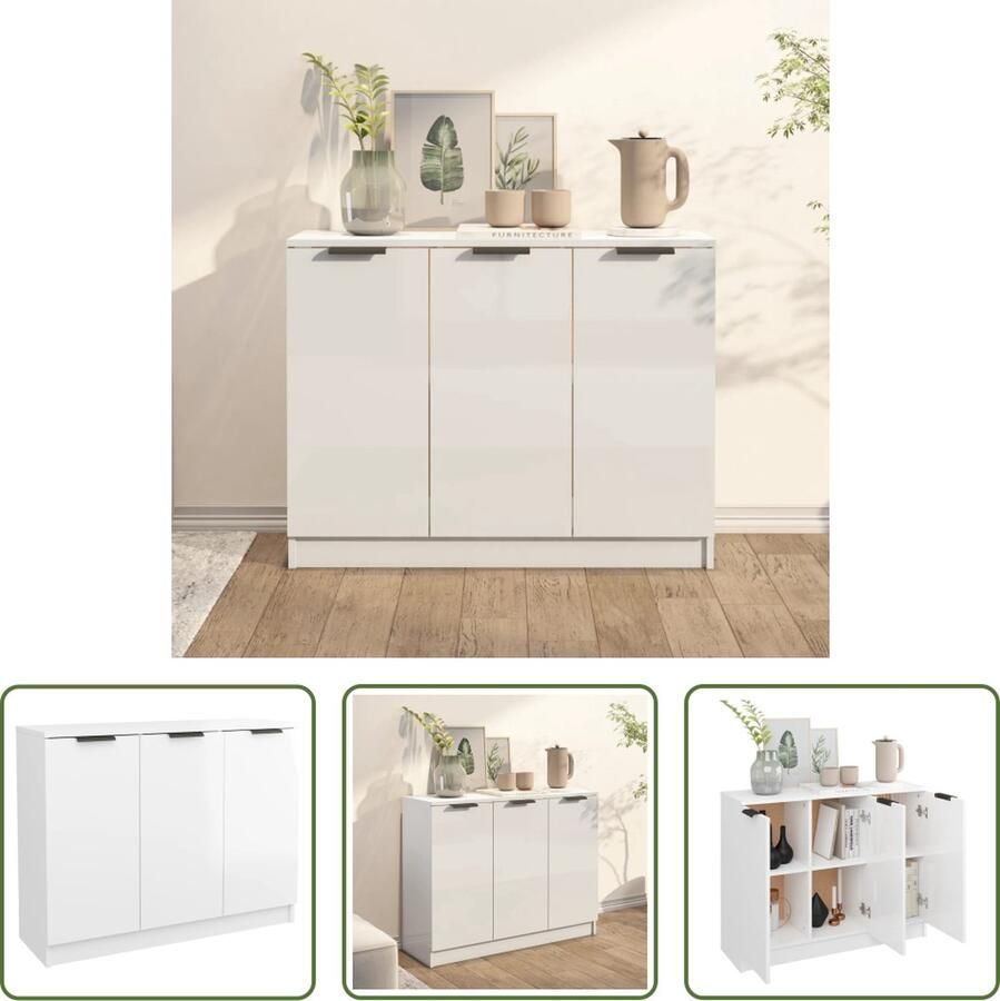 The Living Store Dressoir 90 5x30x70 cm bewerkt hout hoogglans wit Dressoir Bijzettafel Salontafel Woonaccessoires Modern