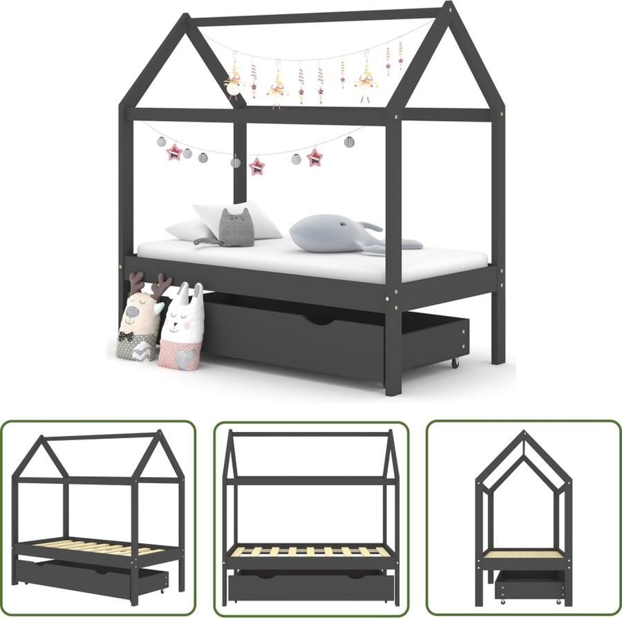 The Living Store Houten Kinderbedframe met Lade Donkergrijs 146 x 77 x 140 cm Massief Grenenhout Kinderbed Houten Bed Kids Bed Slaapkamers Kinderkamer