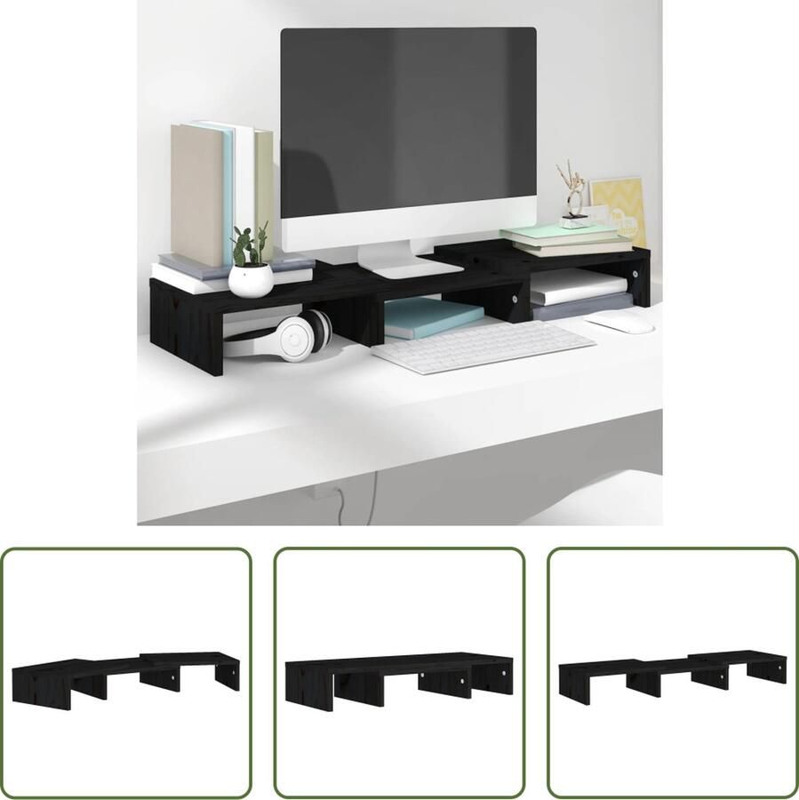 The Living Store Houten Monitorstandaard Zwart 60 x 24 x 10.5 cm Verstelbare lengte - Foto 2