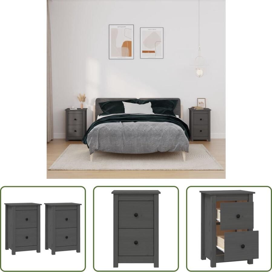 The Living Store Houten Nachtkastjes Grijs Massief Grenenhout 40 x 35 x 61.5 cm - Foto 2