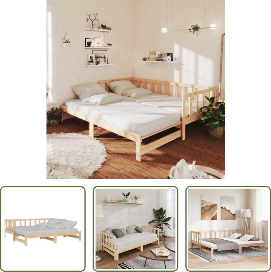 The Living Store Houten Slaapbank Logeerbed en Bank Massief Grenenhout Uitschuifbaar Bed 203.5 x 183 x 66 cm Onbehandeld Geschikt voor 90 x 200 cm Matras Montage vereist