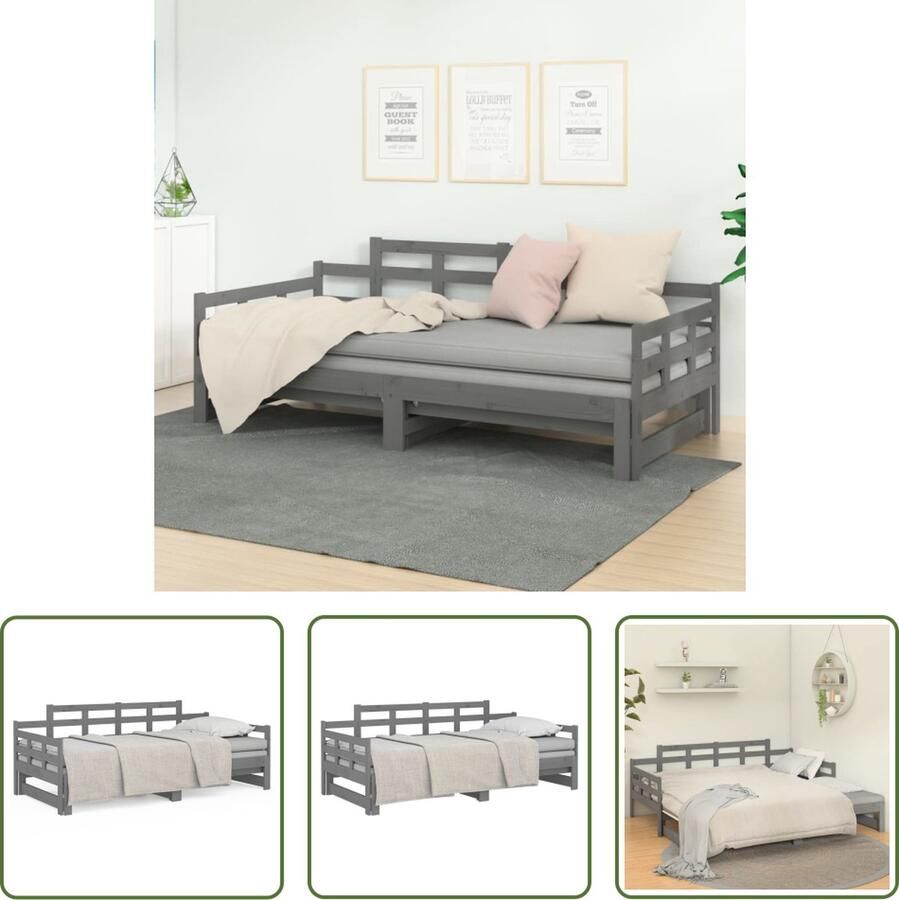 The Living Store Slaapbank uitschuifbaar massief grenenhout grijs 2x(80x200) cm Slaapbank Slaapbanken Bedbank Bed Bedframe Houten Bedframe Bedbodem Slaapmeubel Ledikant Bedbanken Bedden - Foto 2