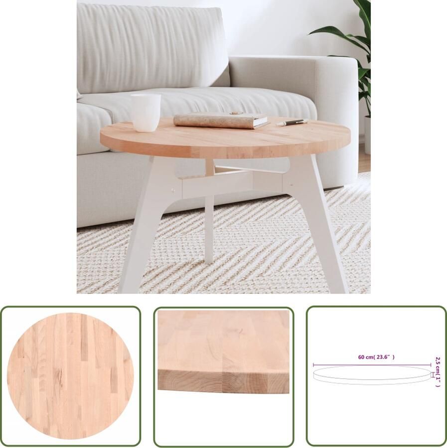 The Living Store Tafelblad rond Ø60x2 5 cm massief beukenhout Houten Tafelblad Ronde Tafelblad Beukenhout Tafelblad Salontafel Blad Tafeltje - Foto 2