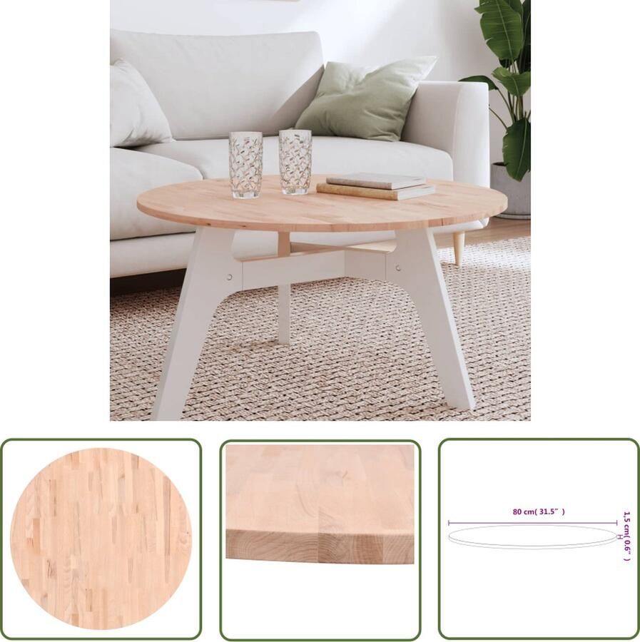 The Living Store Houten Tafelblad Rond 80 x 1.5 cm Massief Beukenhout Houten Tafelblad Ronde Tafel Salontafelblad Beukenhout Massief Hout - Foto 2