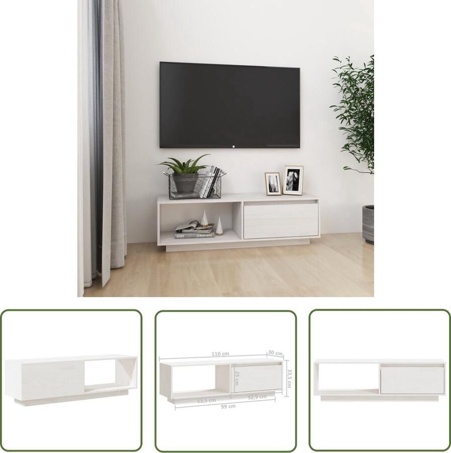 The Living Store Houten TV-meubel Grenenhout Wit 110 x 30 x 33.5 cm Lades Opbergschappen Tv-meubel Hout Tv-meubel Grenenhout Tv-meubel Wit Tv-meubel Tv-stand - Foto 2