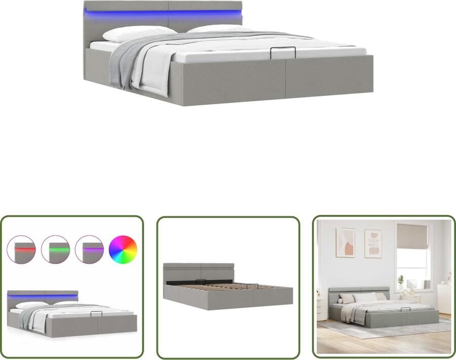 The Living Store Bedframe met opbergruimte en LED stof lichtgrijs 160x200 cm Hydraulisch Bed Stof Bed Boxspring Bed Tweepersoonsbed Led Verlichting Bed