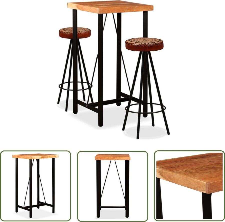 The Living Store IndustriÃle Bartafelset Massief acaciahout 60x60x107 cm Echt leer en canvas barkrukken 30x76 cm Inclusief montage Bruin en zwart Bartafel Industrieel Meubilair Houten Bartafel Leren Barkruk Acaciahout