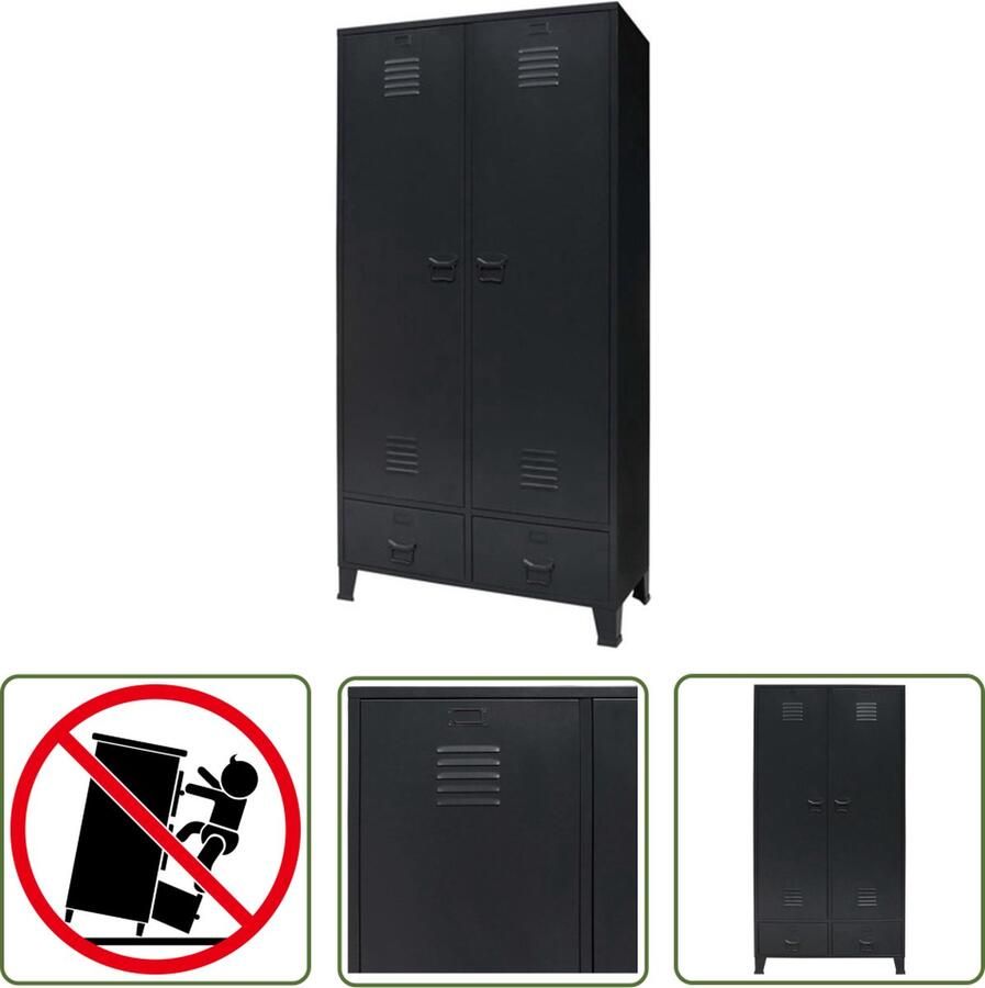 The Living Store Kledingkast industriële stijl 90x40x180 cm metaal zwart Industriele Kledingkast Metalen Kledingkast Zwarte Kledingkast Opslagkast Kledingopslag - Foto 2