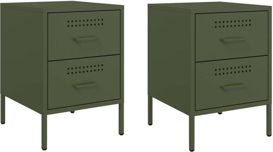 The Living Store Nachtkastjes 2 st 36x39x50 5 cm staal olijfgroen Nachtkastjes Industrieel Design Metalen Nachtkastjes Olijfgroene Meubels Staal Meubilair - Foto 2