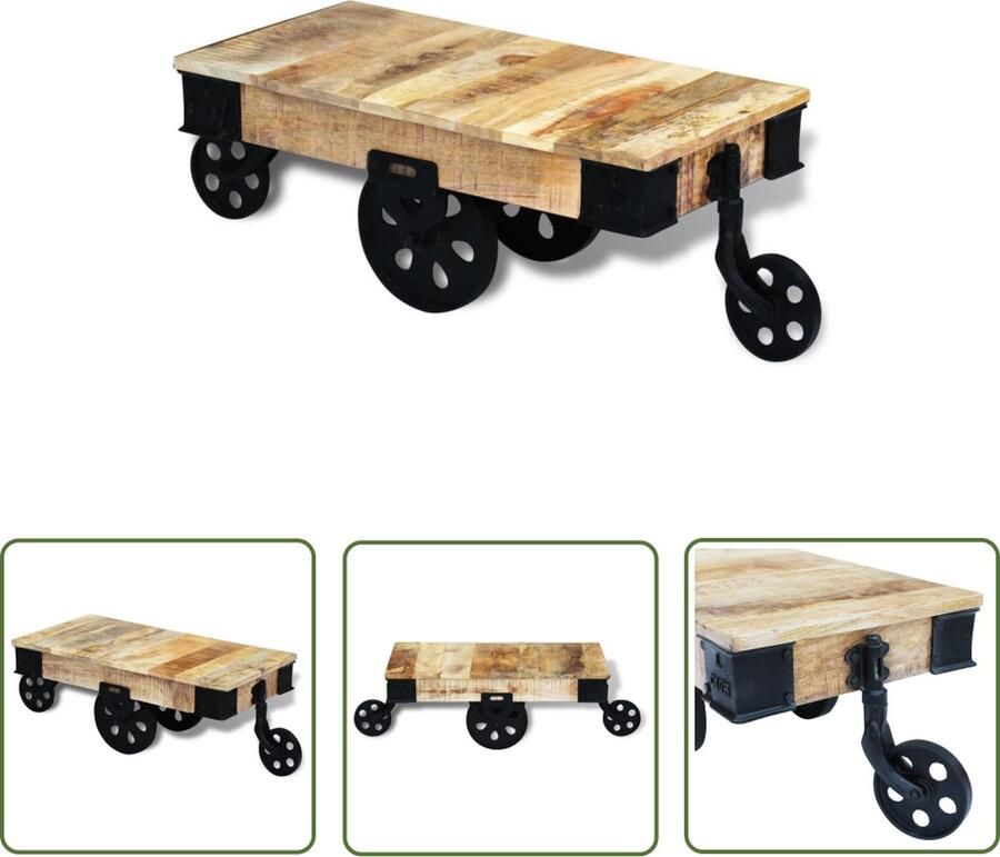 The Living Store IndustriÃle Salontafel 90x45x35cm Handgemaakt Ruw Mangohout Met wielen Industriele Salontafel Bruine Kleur Mangohouten Salontafel Vintage Salontafel Handmade Meubilair - Foto 2