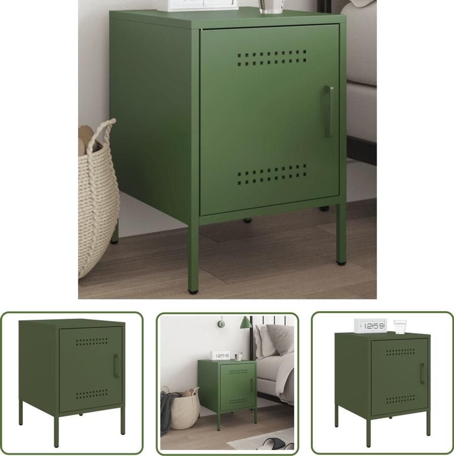 The Living Store Nachtkastje 36x39x50 5 cm staal olijfgroen Nachtkastje Industrieel Design Metalen Nachtkastje Staal Nachtkastje Olijfgroene Nachtkastje - Foto 2