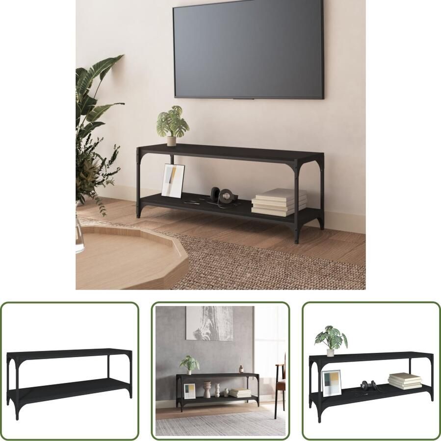 The Living Store tv-meubel Industrieel 100 x 33 x 41 cm Duurzaam bewerkt hout en staal zwart - Foto 2