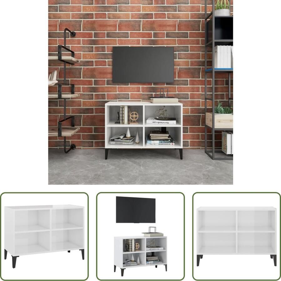 The Living Store tv-meubel industrieel design 69.5x30x50cm hoogglans wit met 4 poten 4 vakken montageset voor wandmontage - Foto 2