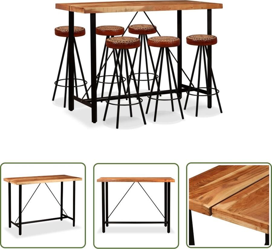 The Living Store Industriële Bartafel 150 x 70 x 107 cm Acaciahout Staal 6 barkrukken - Foto 2