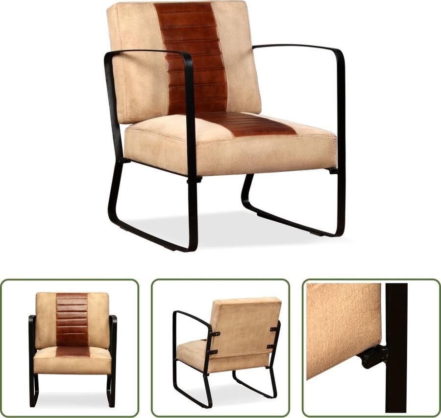 The Living Store IndustriÃle Loungestoel Bruin Crème 60 x 64 x 74 cm Geitenleer Canvas Staal - Foto 3