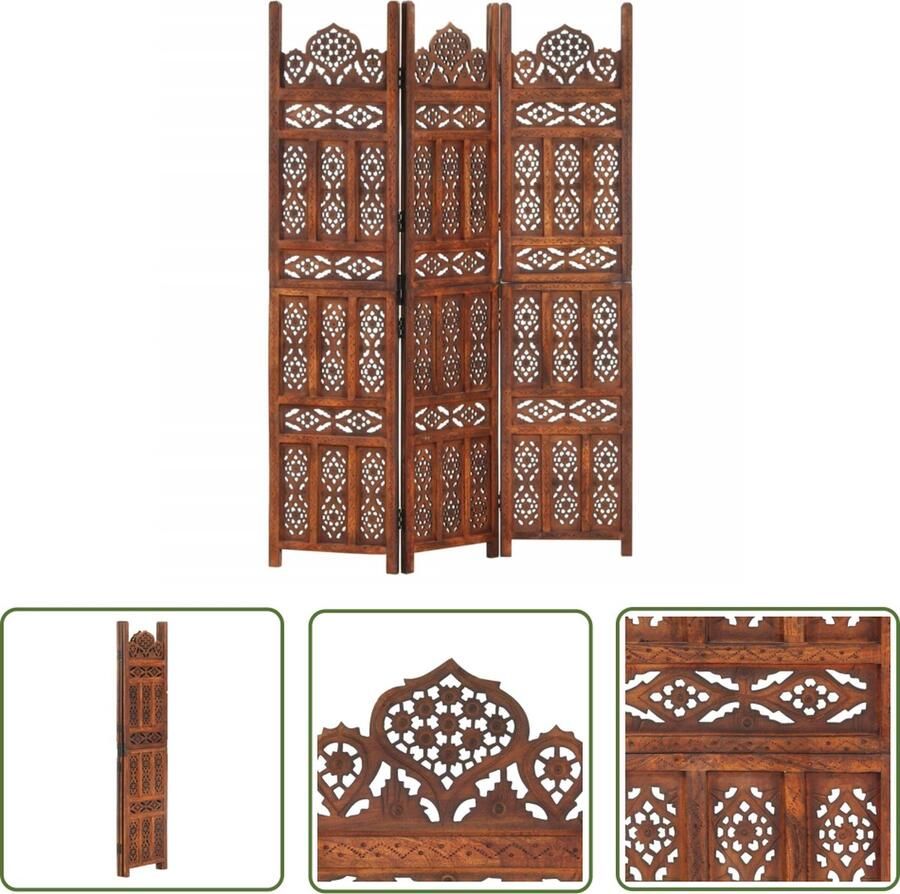 The Living Store Kamerscherm 3 panelen handgesneden 120x165 cm mangohout bruin Kamerscherm Handgesneden Privacy Screen Houten Scherm Bruine Meubels
