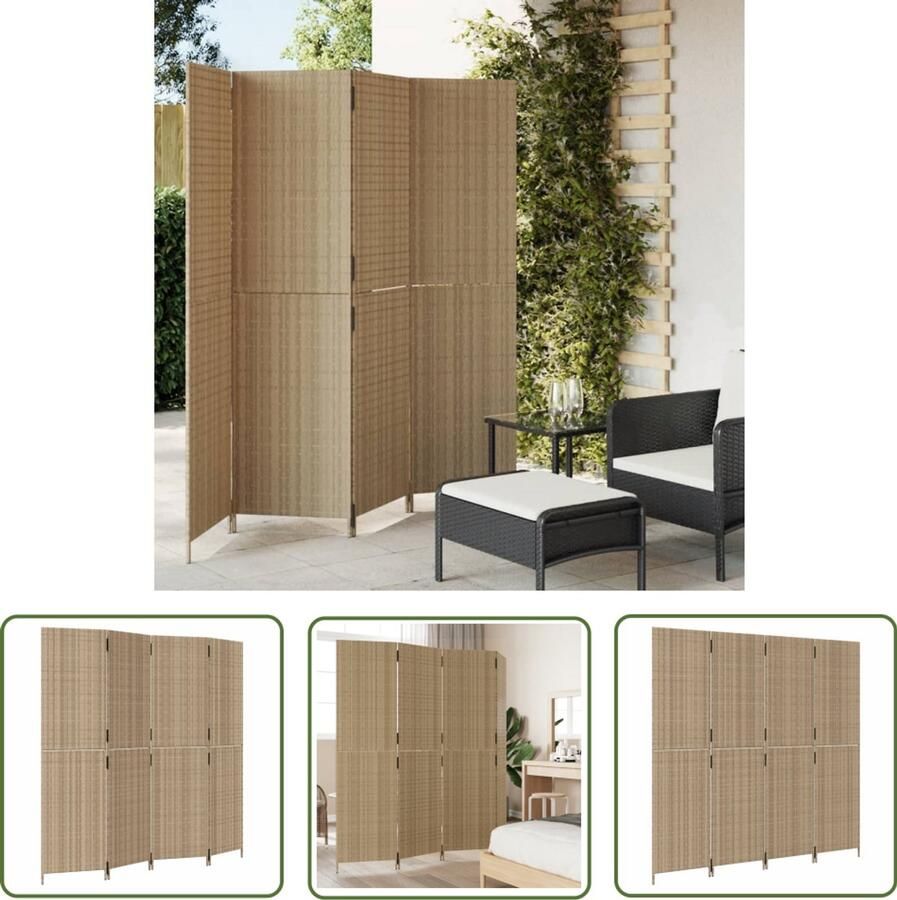 The Living Store Kamerscherm 4 panelen poly rattan beige Kamerscherm Privacy Scherm Scheidingswand Interieurdecoratie Livingroom Decor