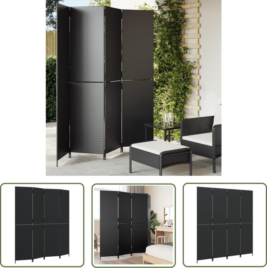 The Living Store Kamerscherm Poly Rattan 196x200 cm Weerbestendig Zwart Kamerscherm Poly Rattan Kamerscheiding Privacy Screen Decoratie