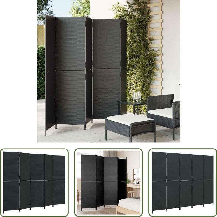 The Living Store Kamerscherm Poly Rattan 5 Panelen 245 x 180 cm Zwart Duurzaam stabiel frame flexibel opvouwbaar Multifunctioneel Kamerscherm Scheidingswand Privacy Screen Poly Rattan Zwarte Kamerdecoratie