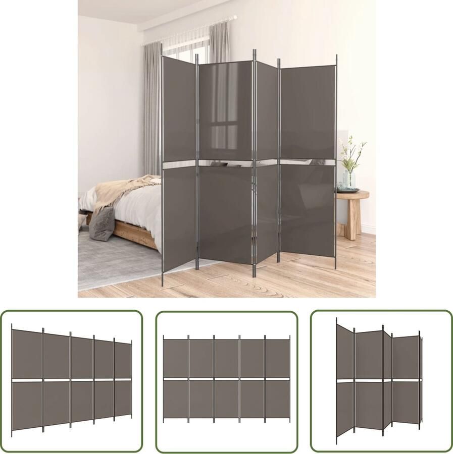 The Living Store Kamerscherm met 5 panelen 250x180 cm antracietkleurig Kamerscherm