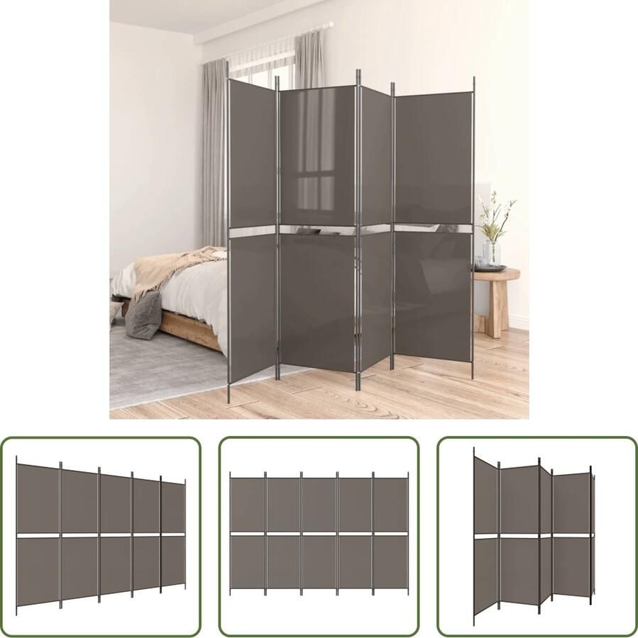 The Living Store Kamerscherm Antraciet 250x200 cm Opvouwbaar Stof Polyester IJzer