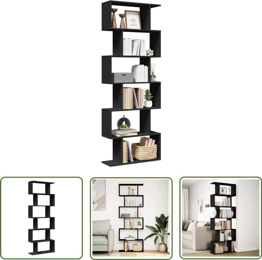 The Living Store Kamerscherm boekenkast 6-laags 70x24x193 cm hout zwart Boekenkast Kamerscherm Houten Boekenkast Zwarte Boekenkast Opbergkast
