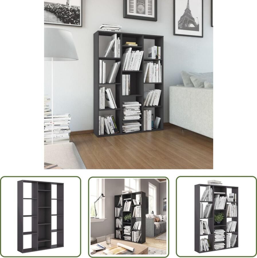 The Living Store Kamerscherm Hoogglans grijs 100 x 24 x 140 cm 13 vakken Kan ook als boekenkast gebruikt worden Kamerscherm Boekenkast Wanddecoratie Opslagoplossing Houten Meubilair - Foto 2