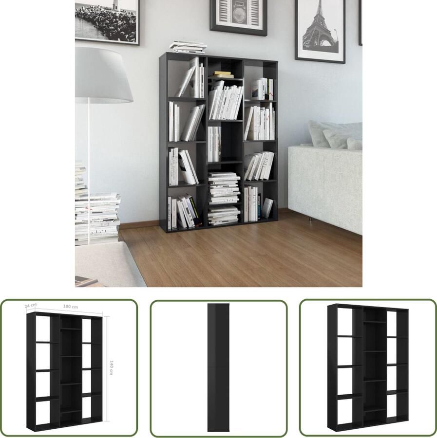 The Living Store Kamerscherm Klassiek Hoogglans Zwart 100 x 24 x 140 cm Met 13 vakken Kamerscherm Boekenkast Wanddecoratie Opslagruimte Zwarte Meubels - Foto 2