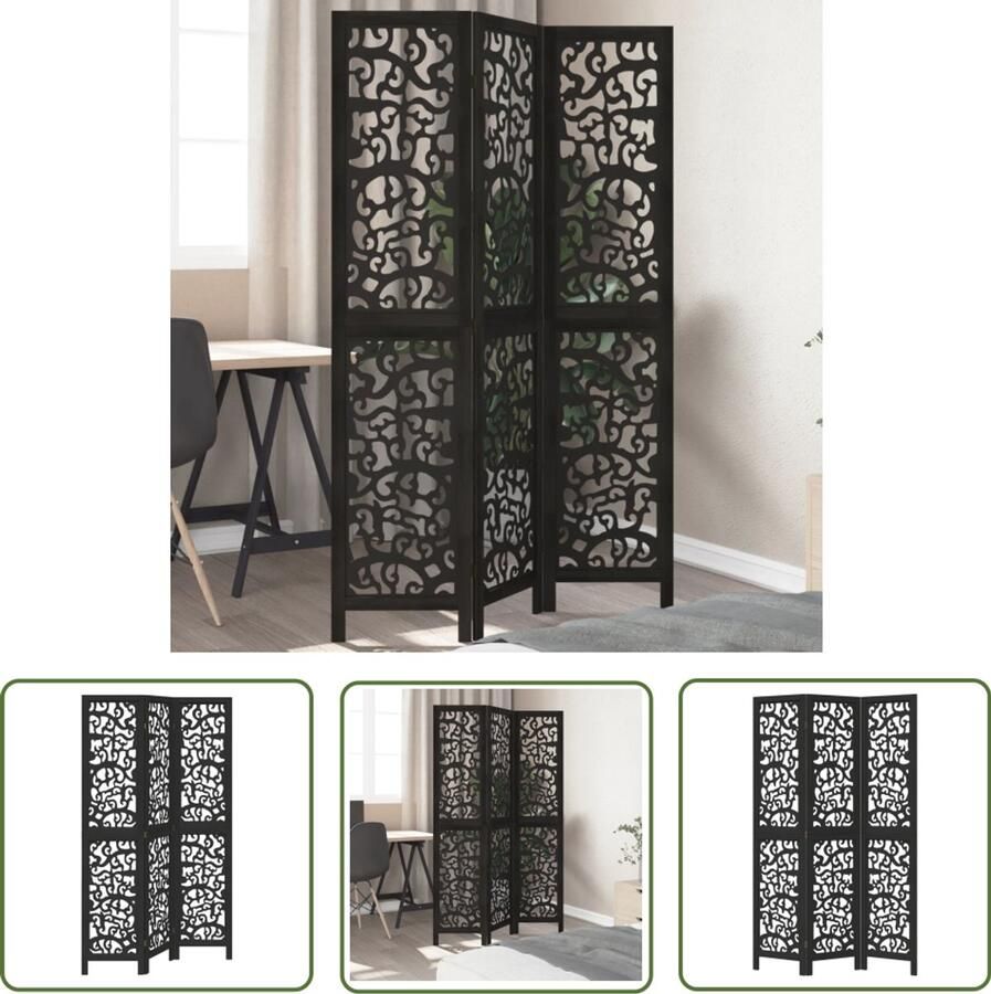 The Living Store Kamerscherm met 3 panelen massief paulowniahout zwart Kamerscherm Scheidingswand Houten Kamersscherm Paulowniahout Opvouwbaar Scherm