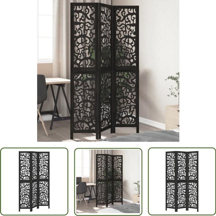 The Living Store Kamerscherm met 3 panelen massief paulowniahout zwart Kamerscherm Scheidingswand Paulowniahout Zwart Multifunctioneel